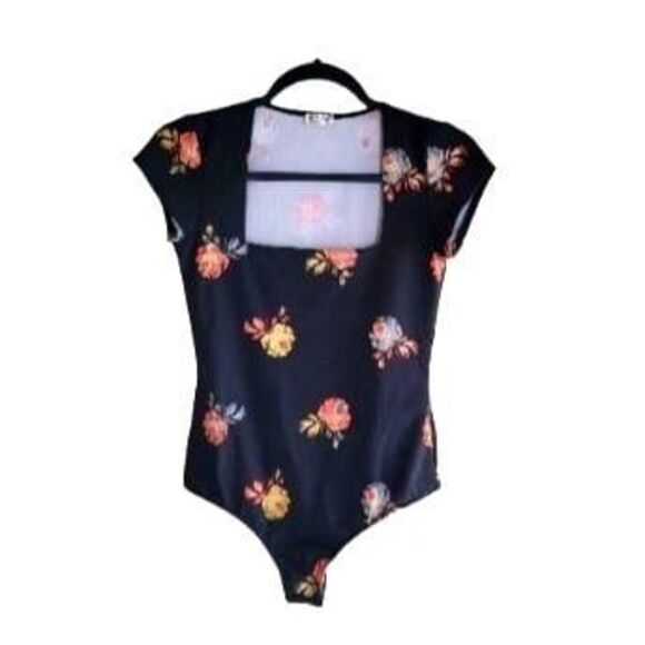 Infinitely Free People Womens Bodysuit Black S Floral One Piece Square Neck - Picture 6 of 6